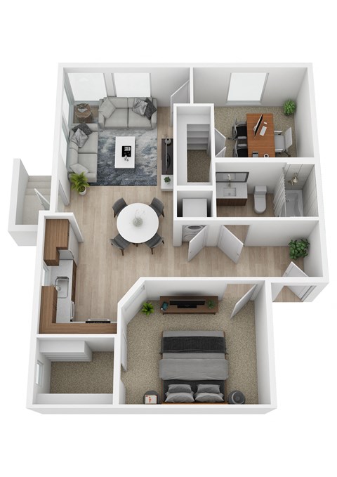 a stylized floor plan with a bedroom and living room